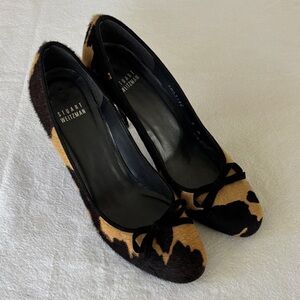 Stuart Weitzman Black Brown and Tan Calf Hair Heels almond toe with Bow
